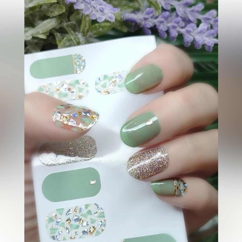 Nail sticker green glitter nail polish sticker rhinestone nails 2 for $15